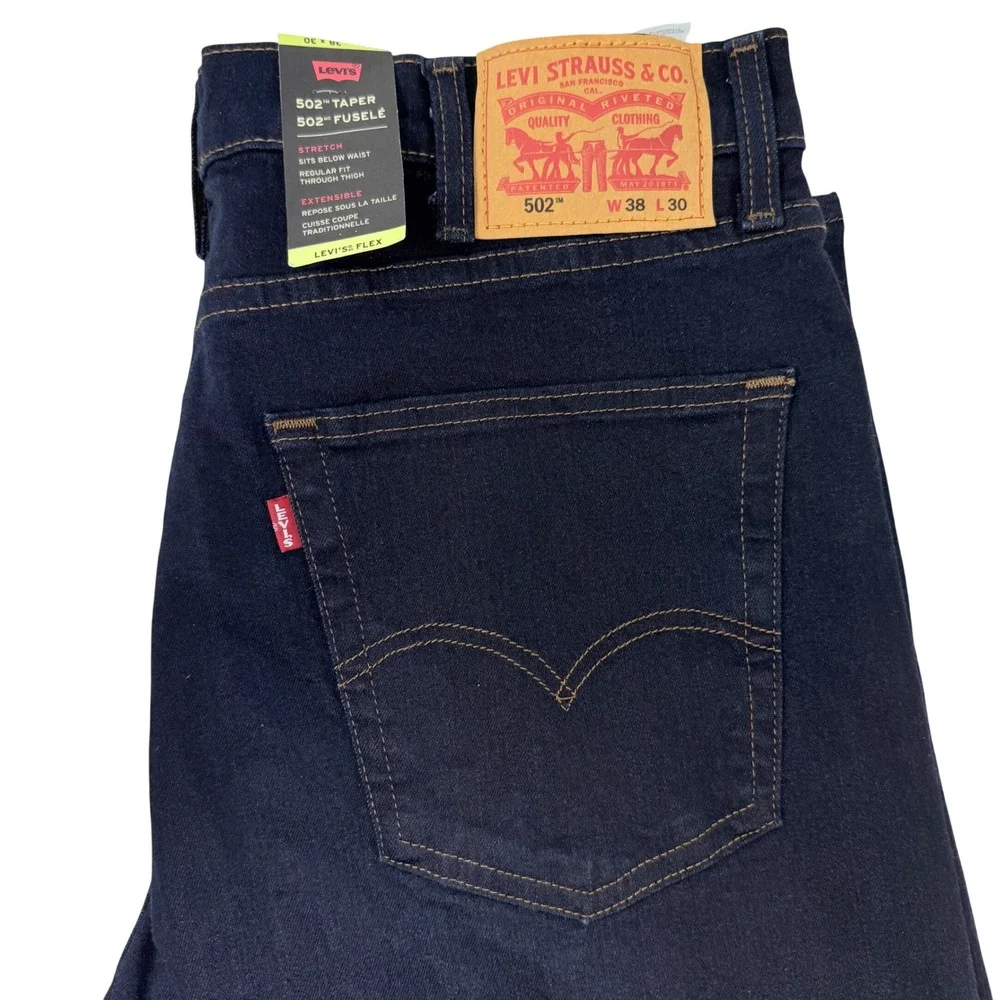 Levis 502 Taper Mens Jeans 38x30 Dark Indigo WaterLess Stretch NEW